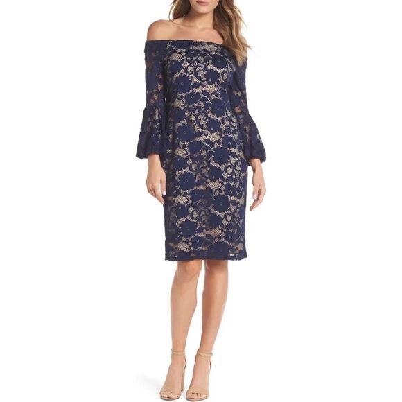Eliza J Bubble Bell Sleeve Off the Shoulder Lace Navy Blue Sheath Dress 0 NWT - Picture 1 of 5